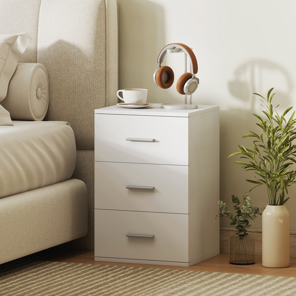 Nachttisch mit 3 Schubladen, Beistell-Kommode für Schlafzimmer, MDF, Weiß