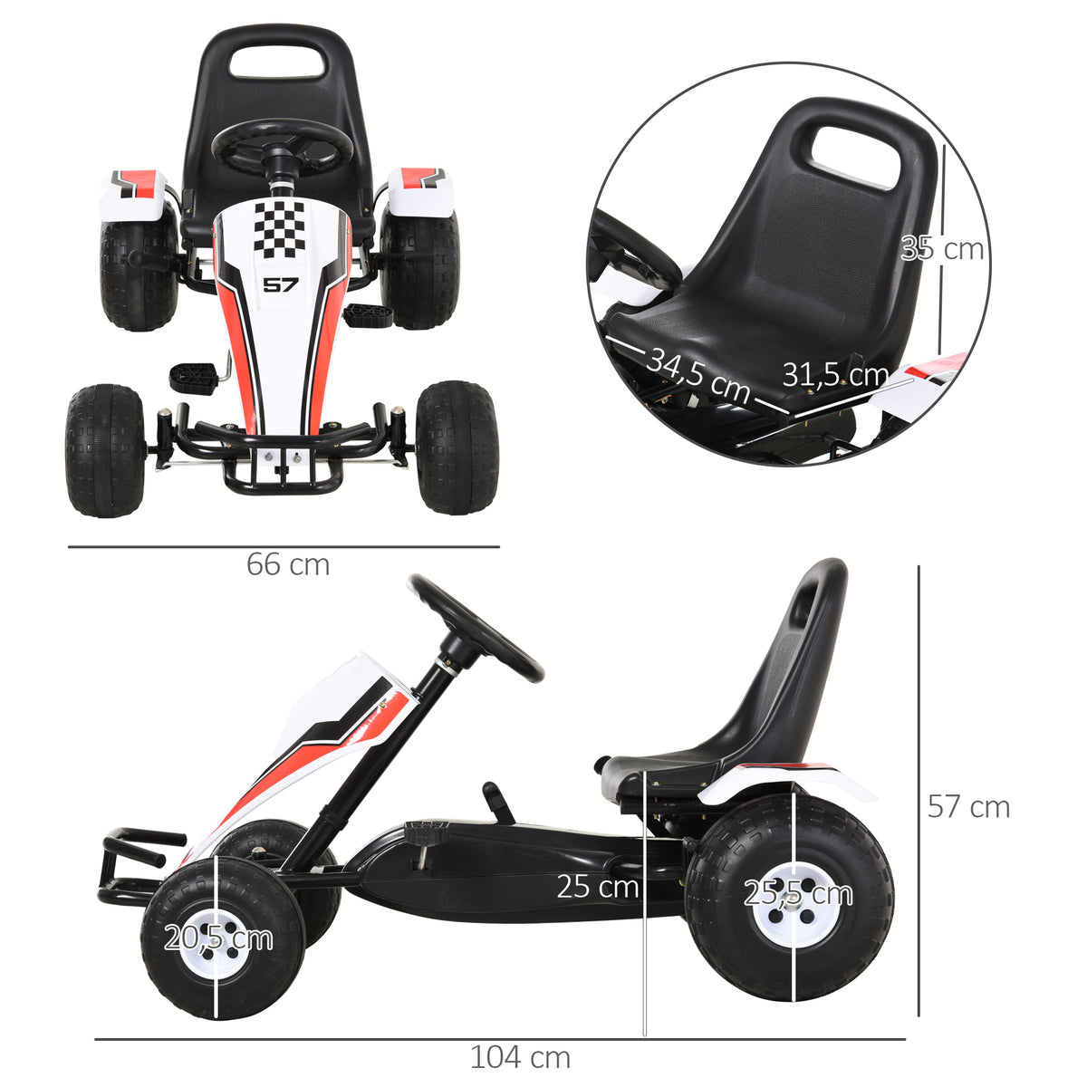 Gokart, Tretauto mit verstellbarem Sitz, Bremse, Pedalantrieb, Tretfahrzeug mit Vor- und Rückwärtsgang, Kinderfahrzeug bis 35 kg belastbar, für Kinder 3-6 Jahre Weiß