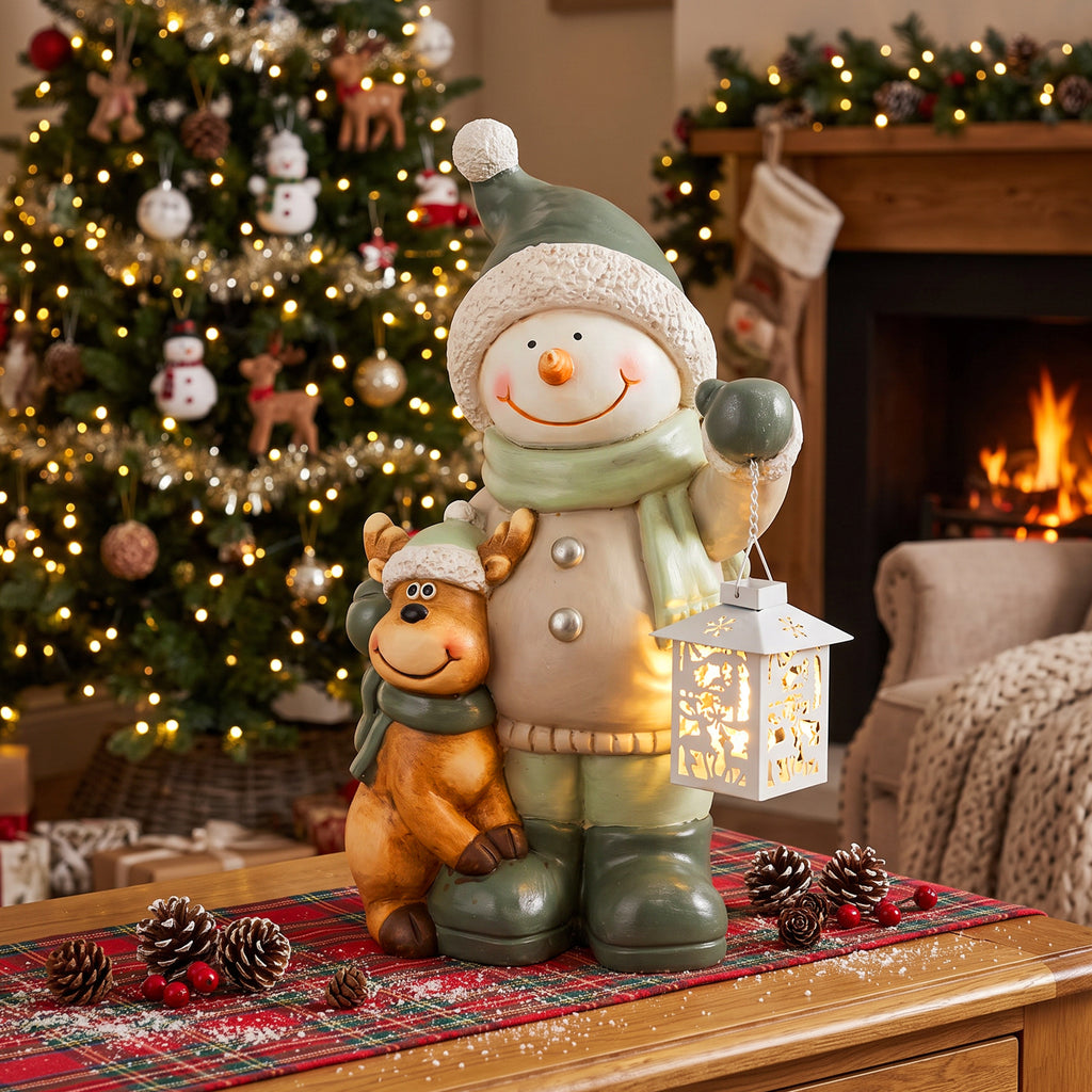 Schneemann-Figur 43 cm aus MGO mit LED-Laterne und Timer, für Eingangsbereich & Türbereich