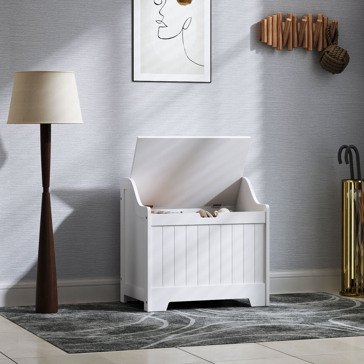 Aufbewahrungstruhe, Holzkiste mit Deckel, viel Stauraum, modernes Design, Wei?