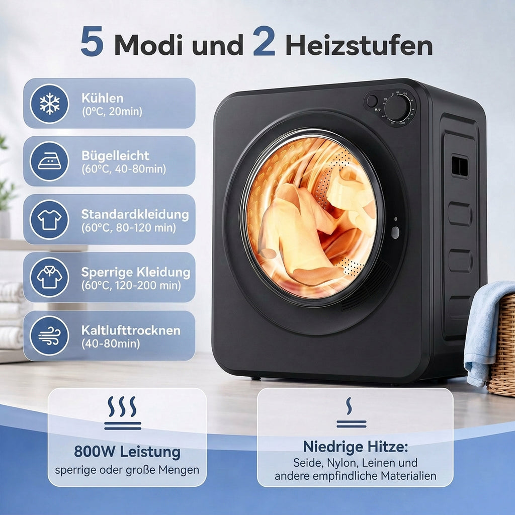 Mini Wäschetrockner 4 kg 5 Programme 800W/400W Freistehend Schwarz