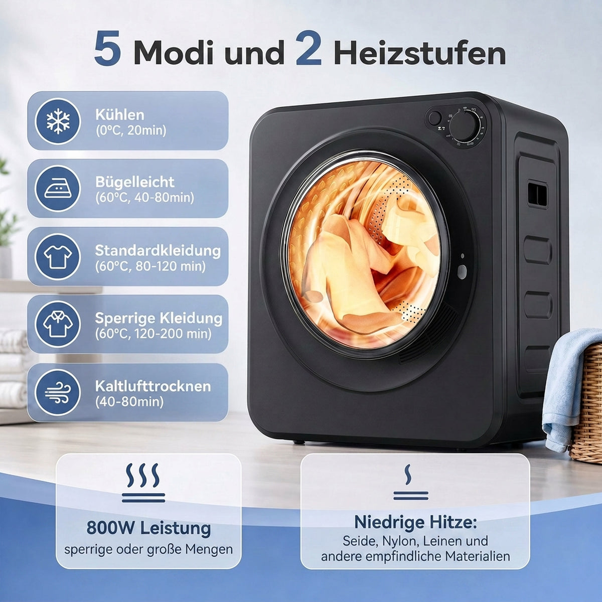 Mini Wäschetrockner 4 kg 5 Programme 800W/400W Freistehend Schwarz