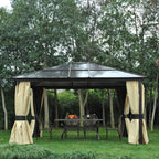 Hardtop-Gartenpavillon 4,2 x 3,6 m, Vorhänge mit Fliegennetz, Alugestell, Braun+Creme