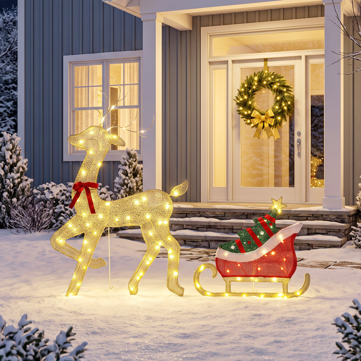 Leuchtendes Rentier mit Schlitten, flache Weihnachtsdeko für außen, 95 warmweiße LEDs, 8 Leuchtmodi, Timer