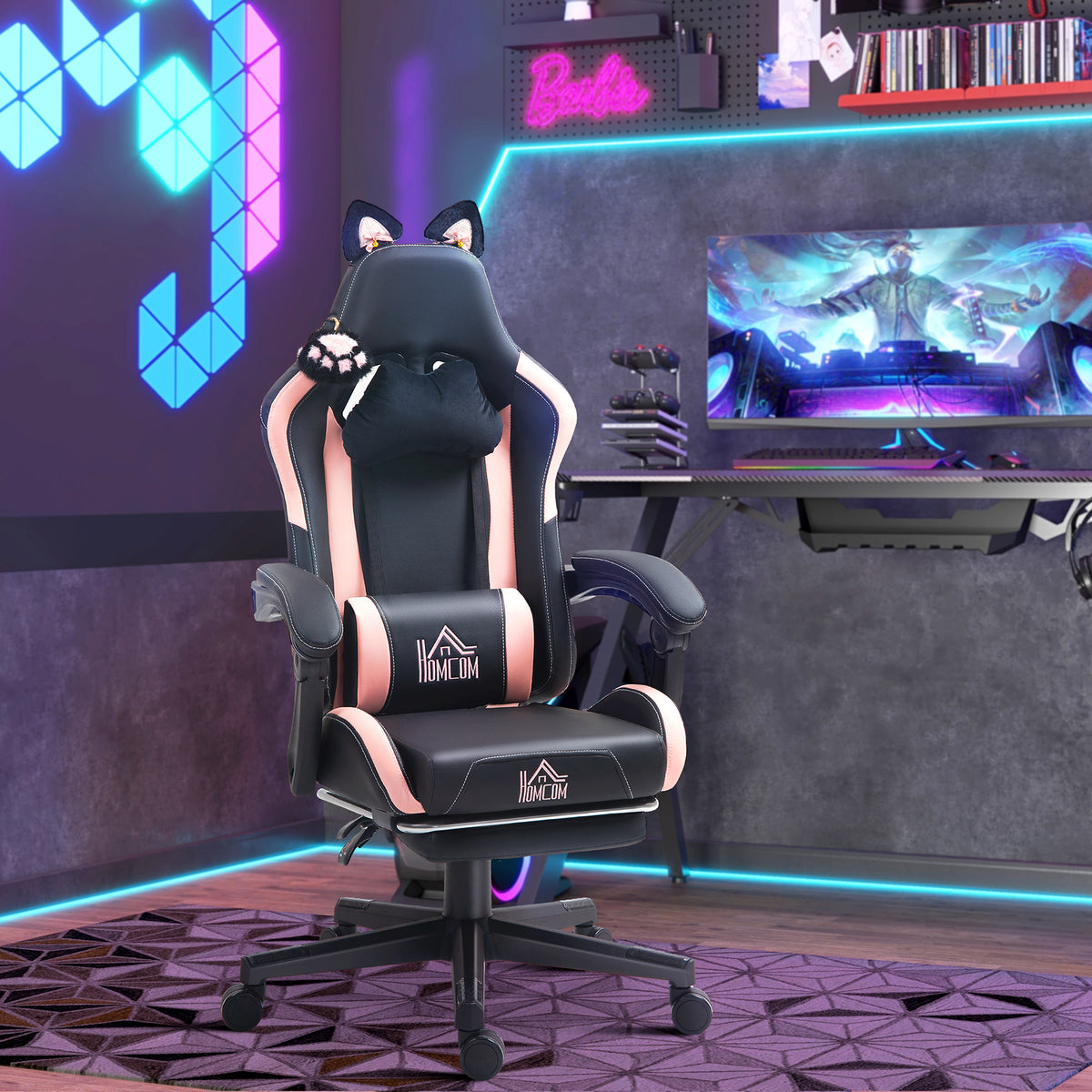 Gaming-Sessel mit Katzenohren, neigbare Lehne, ausziehbare Fußstütze, bis 120 kg, Rosa/Schwarz