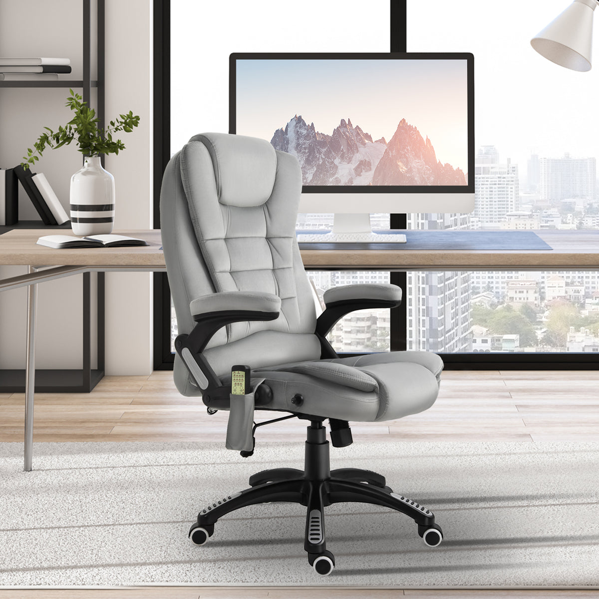  B¨¹rostuhl mit Massagefunktion Ergonomischer Chefsessel mit Heizfunktion, Liegefunktion, Wippfunktion H?henverstellbar 360¡ã Drehbar Computerstuhl mit Seitentasche, Samtoptik, Grau