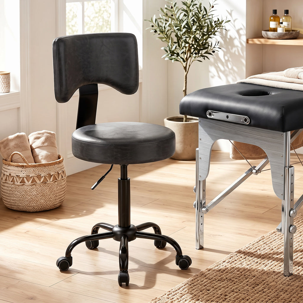 Rollhocker, höhenverstellbarer Salonstuhl aus PU-Leder mit Polstersitz, Rückenlehne und Rollen, Schwarz