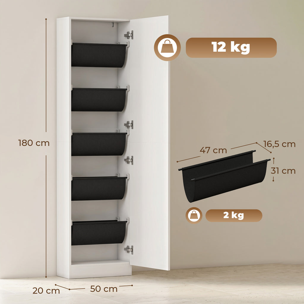 Schuhschrank mit Spiegel, 5-stufiger Schmale Schuhkommode mit Soft-Close-Türen, für 12 Paar, 50 x 20 x 180 cm, Weiß
