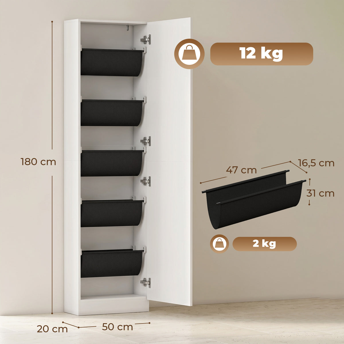 Schuhschrank mit Spiegel, 5-stufiger Schmale Schuhkommode mit Soft-Close-Türen, für 12 Paar, 50 x 20 x 180 cm, Weiß