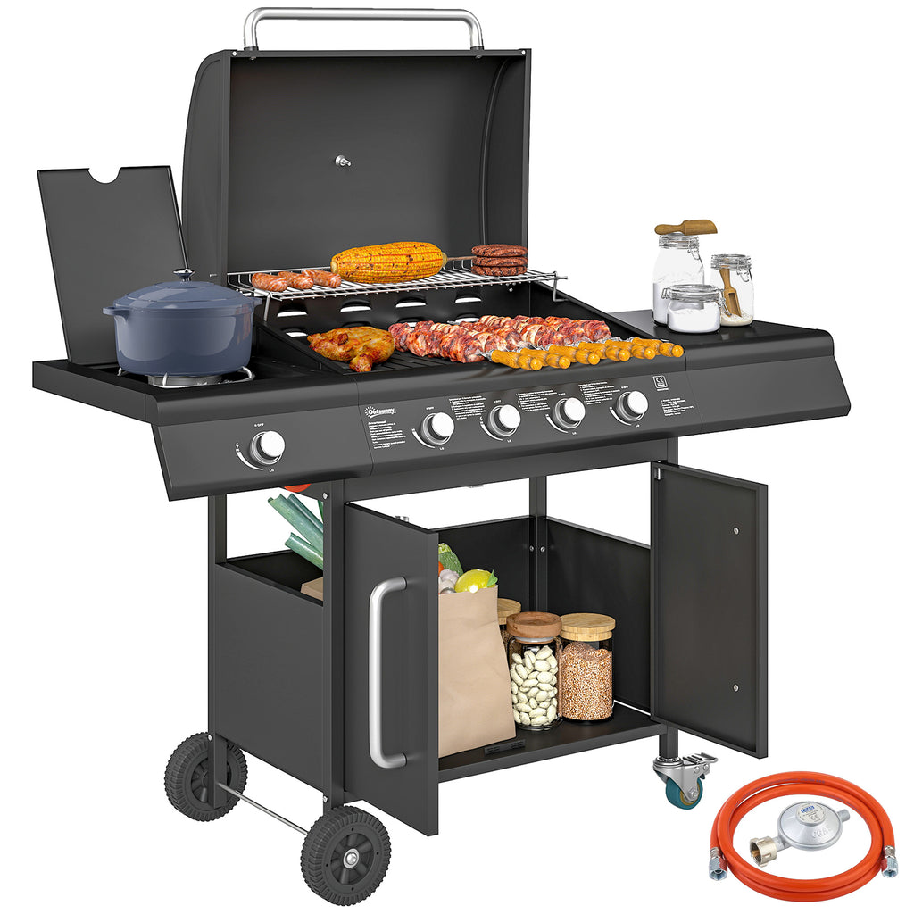 Gasgrill 15,2 KW Grillwagen inkl 5 Edelstahl-Brenner Rolle Seitenkocher 129,5 x 56 x 110 cm Schwarz