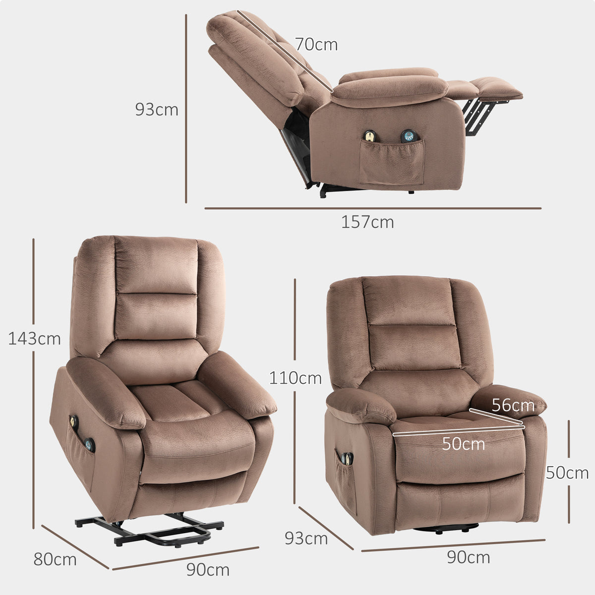 Aufstehsessel mit Massagefunktion, 90x93x110cm, Braun