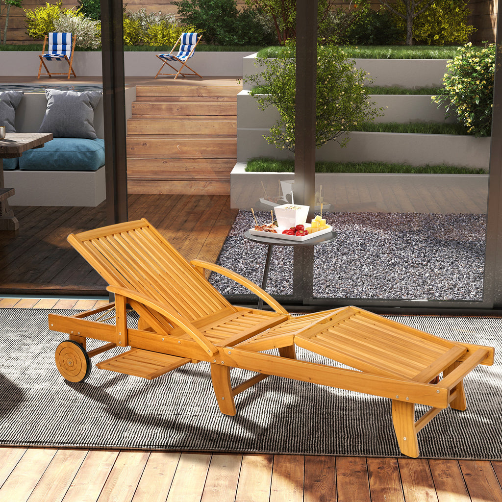 Sonnenliege Holz klappbar Gartenliege mit Seitentisch, Rolle, 4-Fach verstellbare Rückenlehne Teak