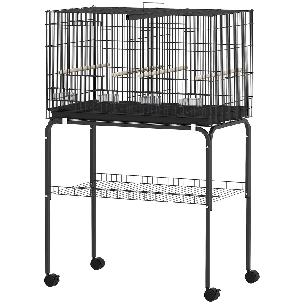Bird Cage with Divider, 4 Wooden Perches, Slide Out Tray, 4 Feeders, for Budgie, Lovebird, Canary, 76 x 46 x 116cm Black