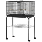 Bird Cage with Divider, 4 Wooden Perches, Slide Out Tray, 4 Feeders, for Budgie, Lovebird, Canary, 76 x 46 x 116cm Black