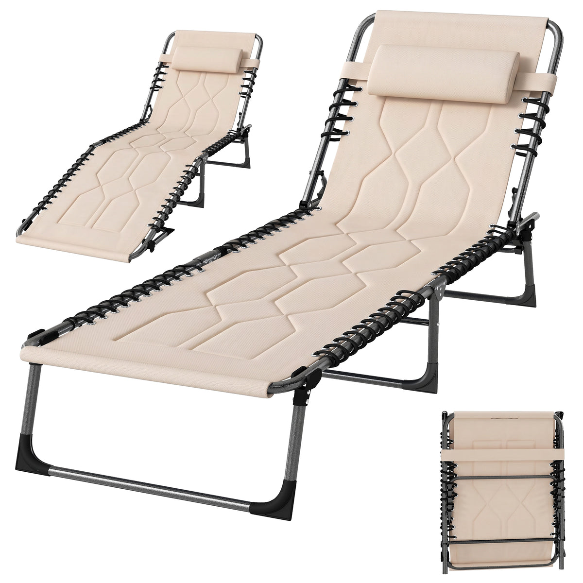 Sonnenliege, Faltbare Gartenliege, Klappliege mit Kissen, 5-stufige R¨¹ckenlehne, Oxfordstoff, 188 x 57 x 30 cm, Beige