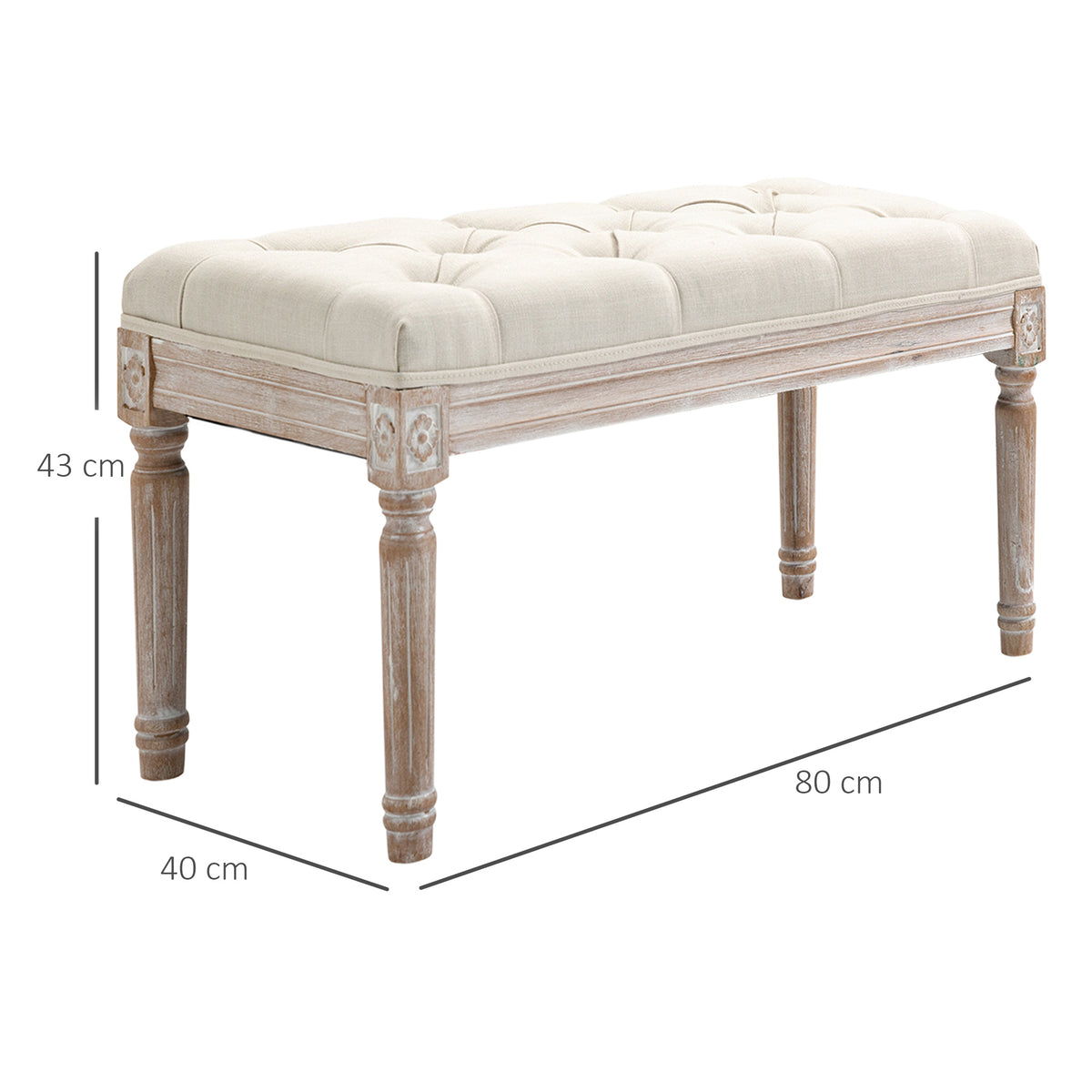 Gepolsterter Sitzhocker, Polsterbank, Fu?hocker, Holz und Stoffbezug in Leinenoptik, 80L x 40B x 43H cm, Cremewei?