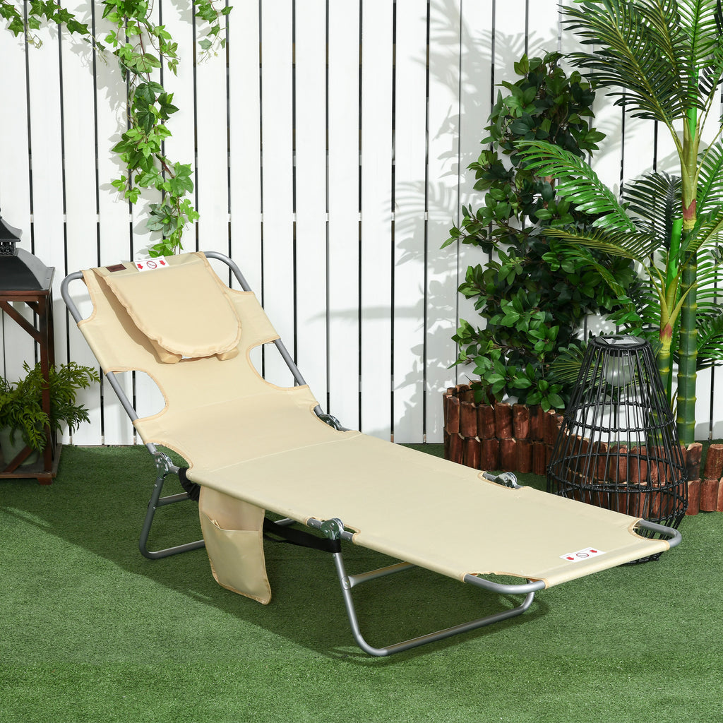 Foldable Sun Lounger, Beach Chaise Lounge with Reading Hole, Arm Slots, 5-Position Adjustable Backrest, Side Pocket, Pillow for Garden, Beach, Camping, Beige