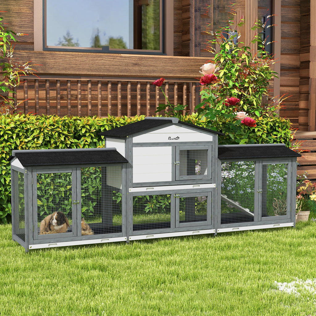 2-Tier Large Rabbit Hutch Outdoor with Double Side Run Boxes, No-leak Plastic Tray, Ramp, 230 x 53 x 93.5cm, Light Grey