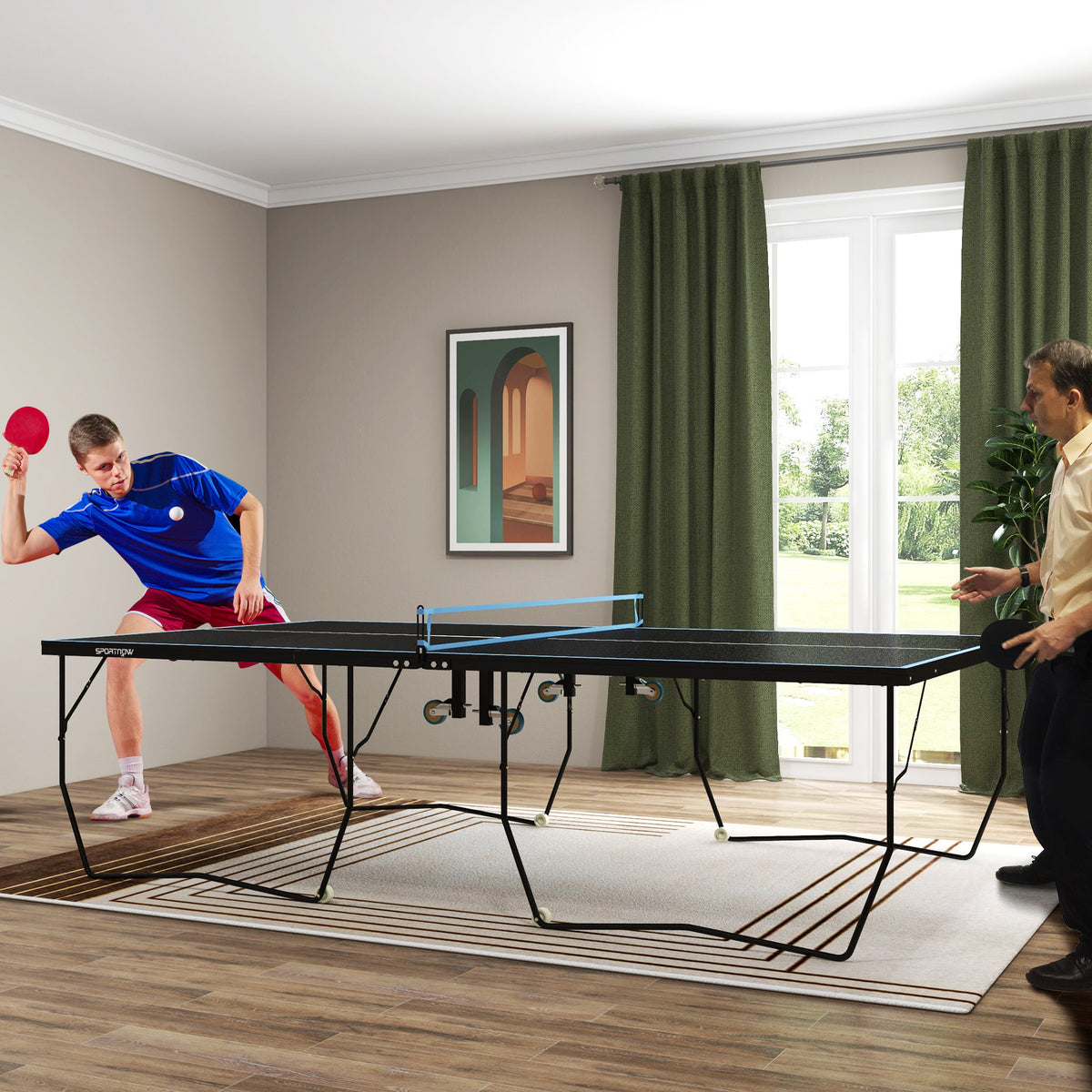 Tischtennisplatte, klappbar, 8 R?der, pulverbeschichteter Stahlrahmen, MDF, 274 x 152,5 x 76 cm, Schwarz