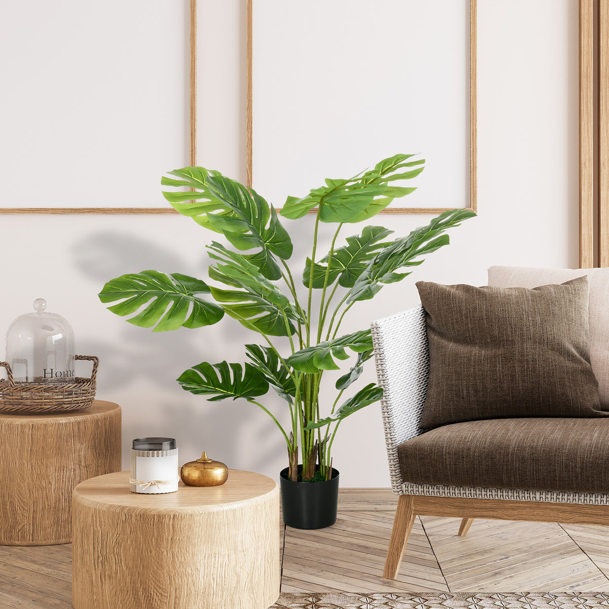 Kunstpflanze Realistische Kunstpflanze Monstera Deliciosa,1 Übertopf und Zementerde,17,5 cm x 17,5 cm x 120 cm, Grün