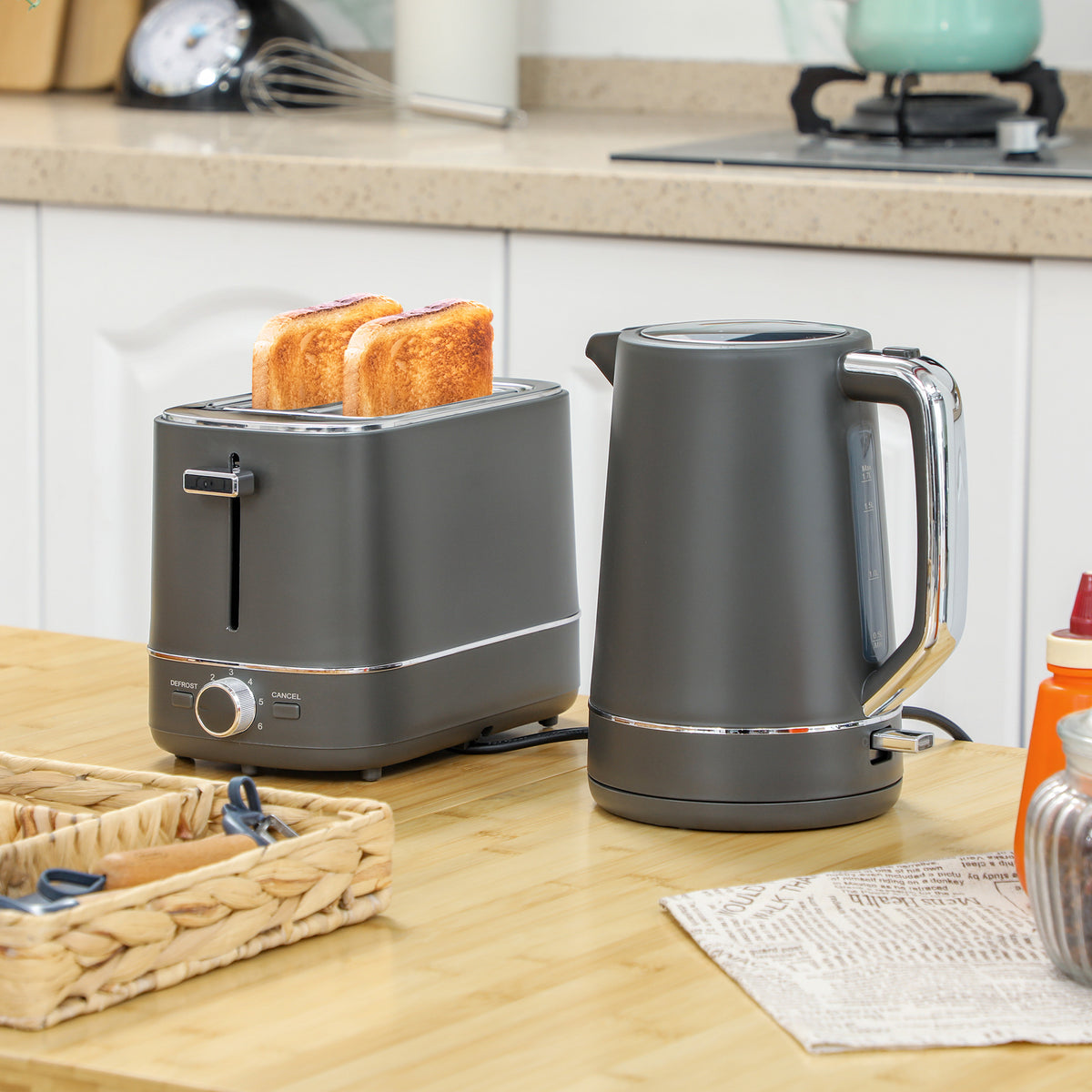 Set aus 1,7 L Wasserkocher und Toaster mit 6 Br?unungsstufen, Grau