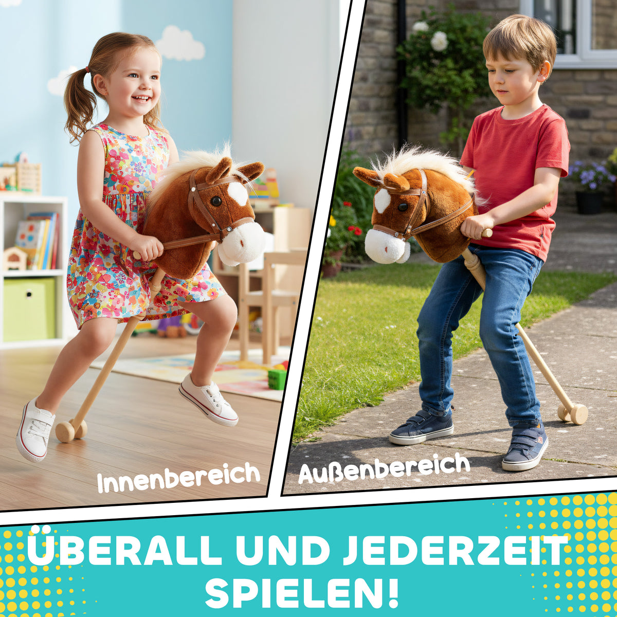 Stick Horse with Wood Wheels, Real Pony Neighing and Galloping Sounds, Grip Handle, 95 cm, Brown