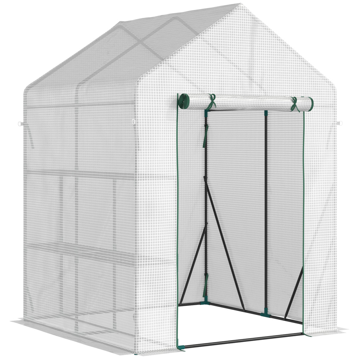  Walk In Greenhouse with 2 Tier Shelf, Portable Gardening Plant Grow House Tomato Greenhouse with Roll up Zip Panel Door, Reinforced PE Cover, 143 x 143 x 195cm, Green