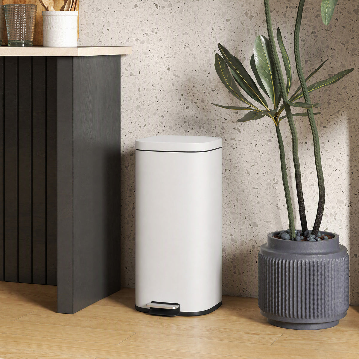 30L Kitchen Bin, Compact Pedal Bin with Soft-Close and Stay-Open Lid, Removable Bucket for Kitchen, Home, Office, Cream