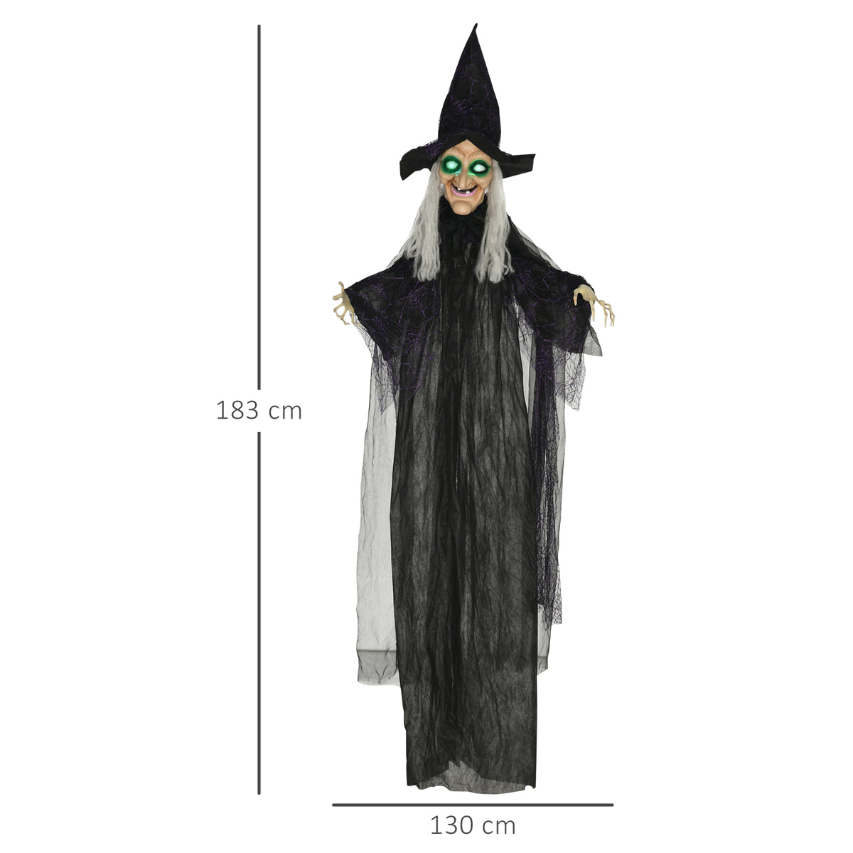 Halloween-Hexe, Halloween-Dekoration, Soundfunktion, mit Bewegungssensor, LED-Lichter, 130 cm x 18 cm x 183 cm