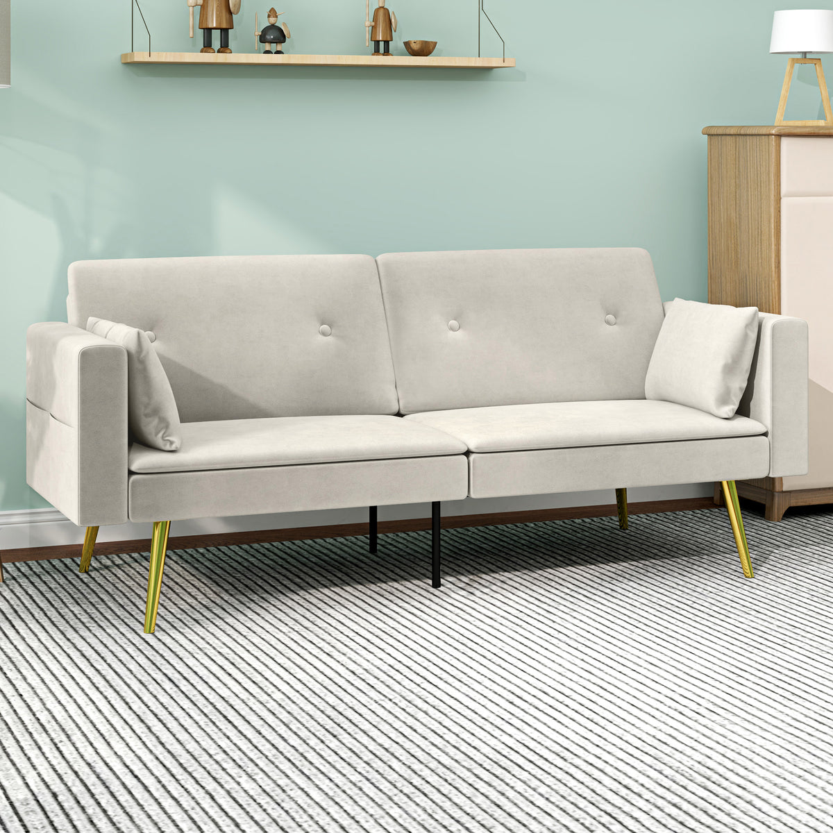 2-Sitzer Bettsofa, Verstellbare R¨¹ckenlehne, weiche Kissen, samtartiger Bezug, f¨¹r Wohnzimmer, G?stezimmer, Beige
