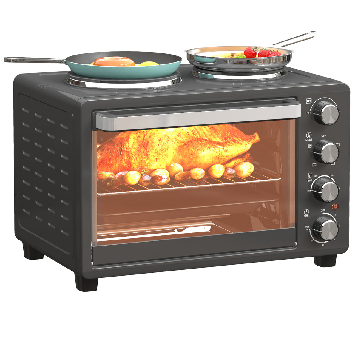 28 L Toasterofen, Kompakter Backofen zum Kochen und Grillen, Elektro-Ofen mit Backblech, Grillrost, 2600W, Schwarz