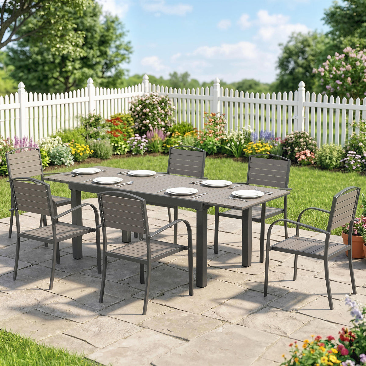 Gartenmöbel Set Sitzgruppe 7-teilig Ausziehbar Tisch mit 6 stapelbaren Stühlen Holzoptik Lamelldesign Aluminiumrahmen