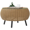 Beistelltisch aus Polyrattan runder Kaffeetisch Couchtisch mit Glas Tischplatte ?75 x 42 cm Braun