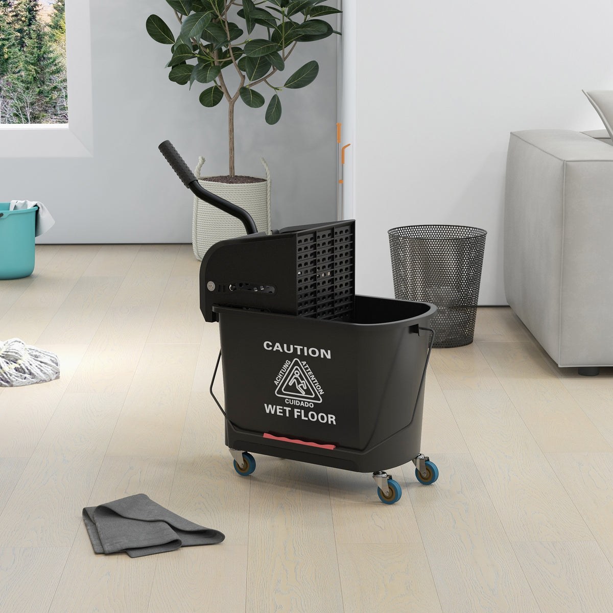 20L Compact Mop Bucket on Wheels, with Water Separation Panel - Black