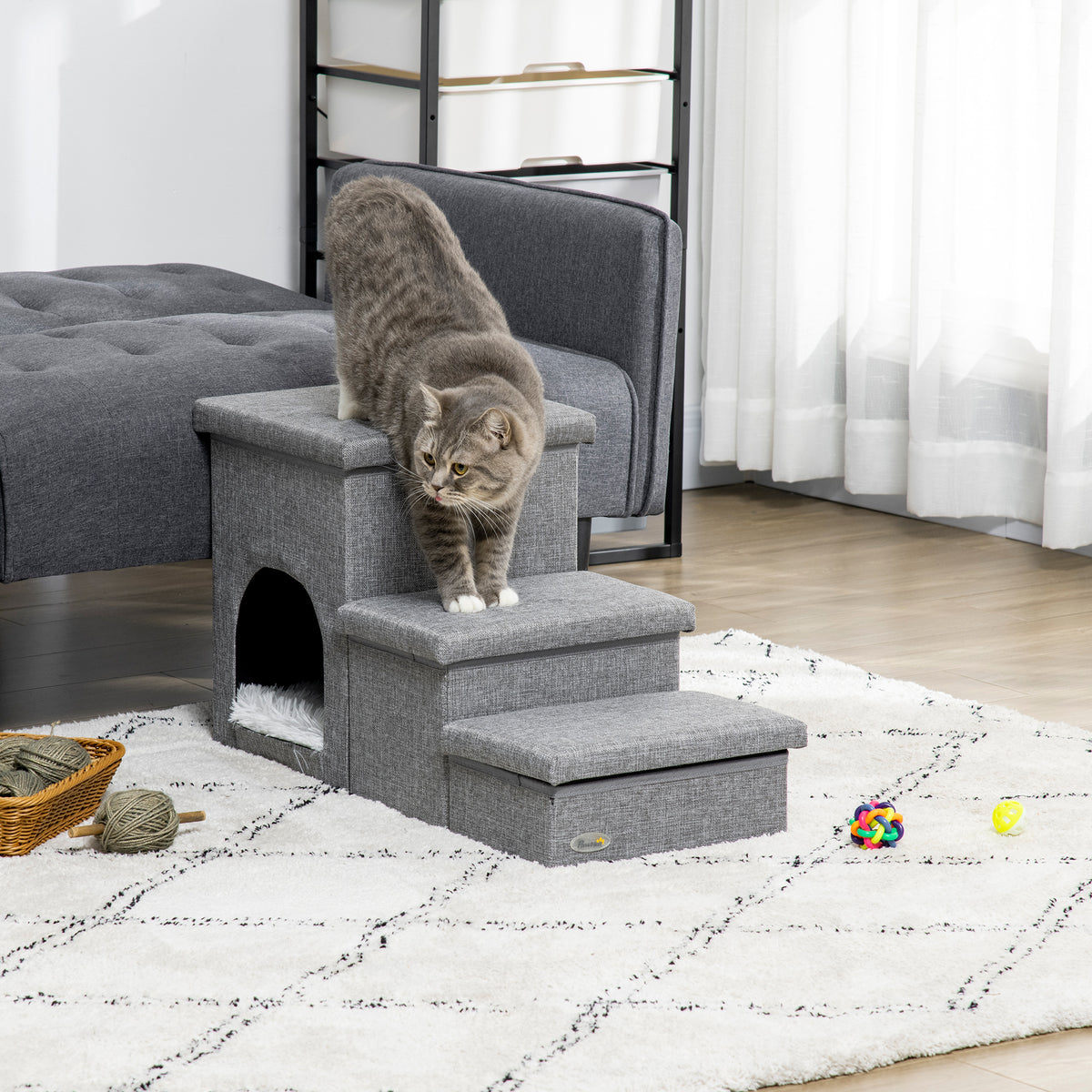 Hundetreppe 3 Stufen 40,5 cm Hoch Haustiertreppe mit Höhle Kissen Stauraum Katzentreppe für Kleine Hunde Hunderampe mit Waschbar Bezug Einstiegshilfe für Bett, Sofa, Couch und Auto Hellgrau