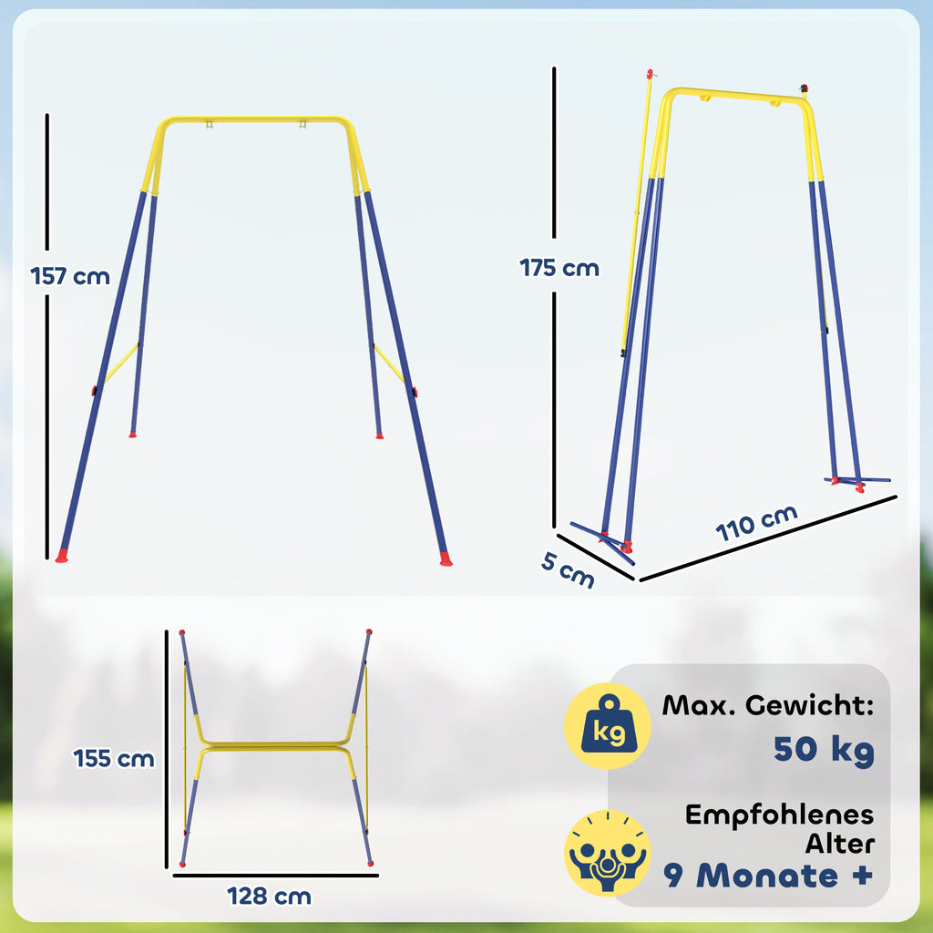 Faltbar Schaukelgestell mit A-Rahmen, 2 Haken, 4 Bodenankern, für 9 Monate bis 8 Jahre Kinder 128x155x157 cm Blau