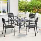 Stackable Garden Chairs Set of 4, Garden Dining Chairs with Slatted HDPE Seat Back, Armrests, Metal Frame, Black