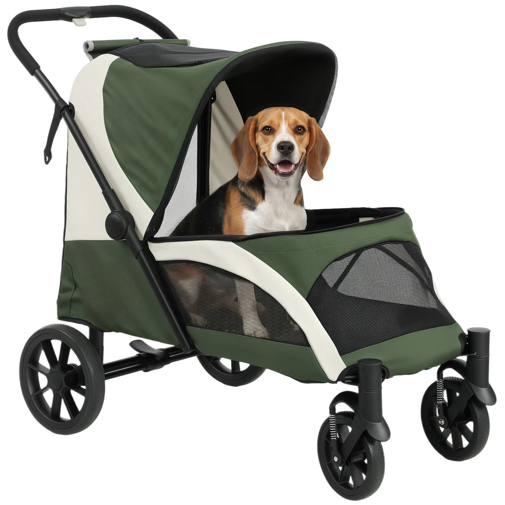 Foldable Pet Stroller for Medium Dogs with Four Big Wheels, Shock-Absorbing Frame, Safety Leashes, Brakes, Dark Green
