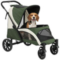 Foldable Pet Stroller for Medium Dogs with Four Big Wheels, Shock-Absorbing Frame, Safety Leashes, Brakes, Dark Green