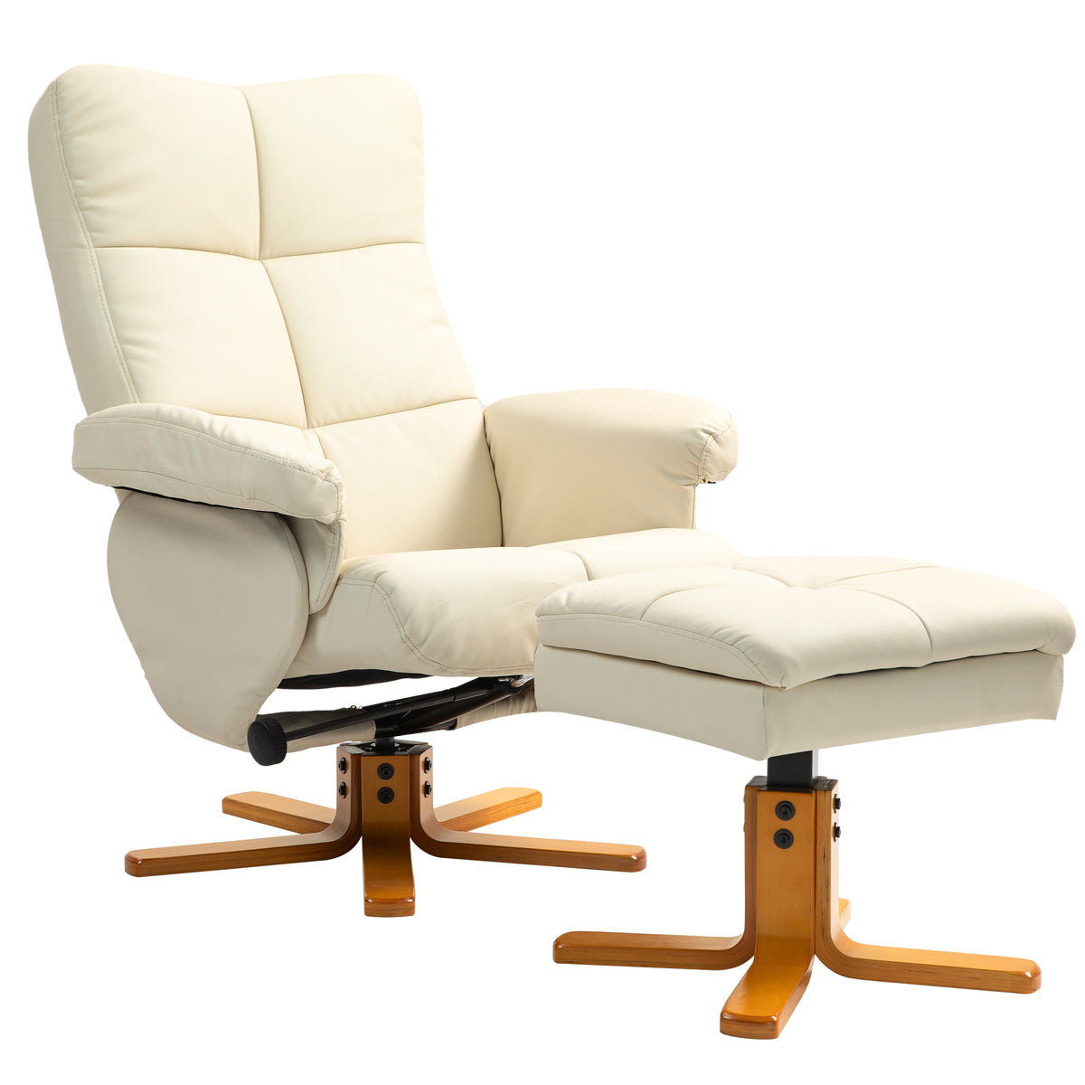 Relaxsessel mit Hocker, 145° neigbare Rückenlehne, 360° drehbar, Kunstleder, Cremeweiß