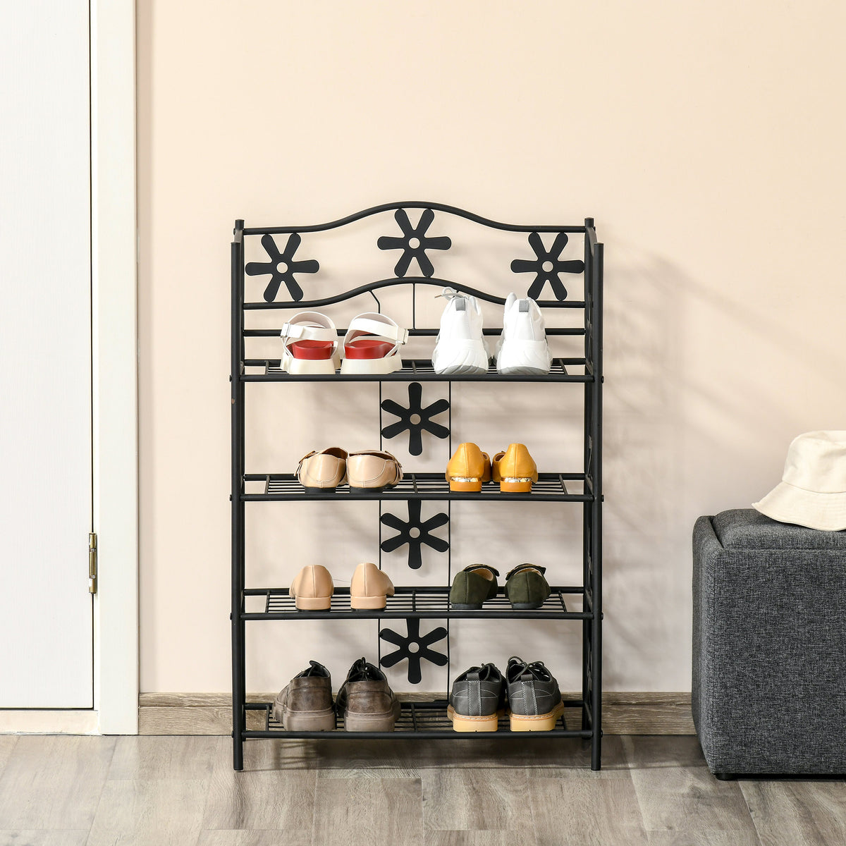 Schuhregal, Pflanzenregal, Blumenregal, Standregal, St?nder, 4 Ebenen, Metall, 59,5 x 30 x 92 cm, Schwarz