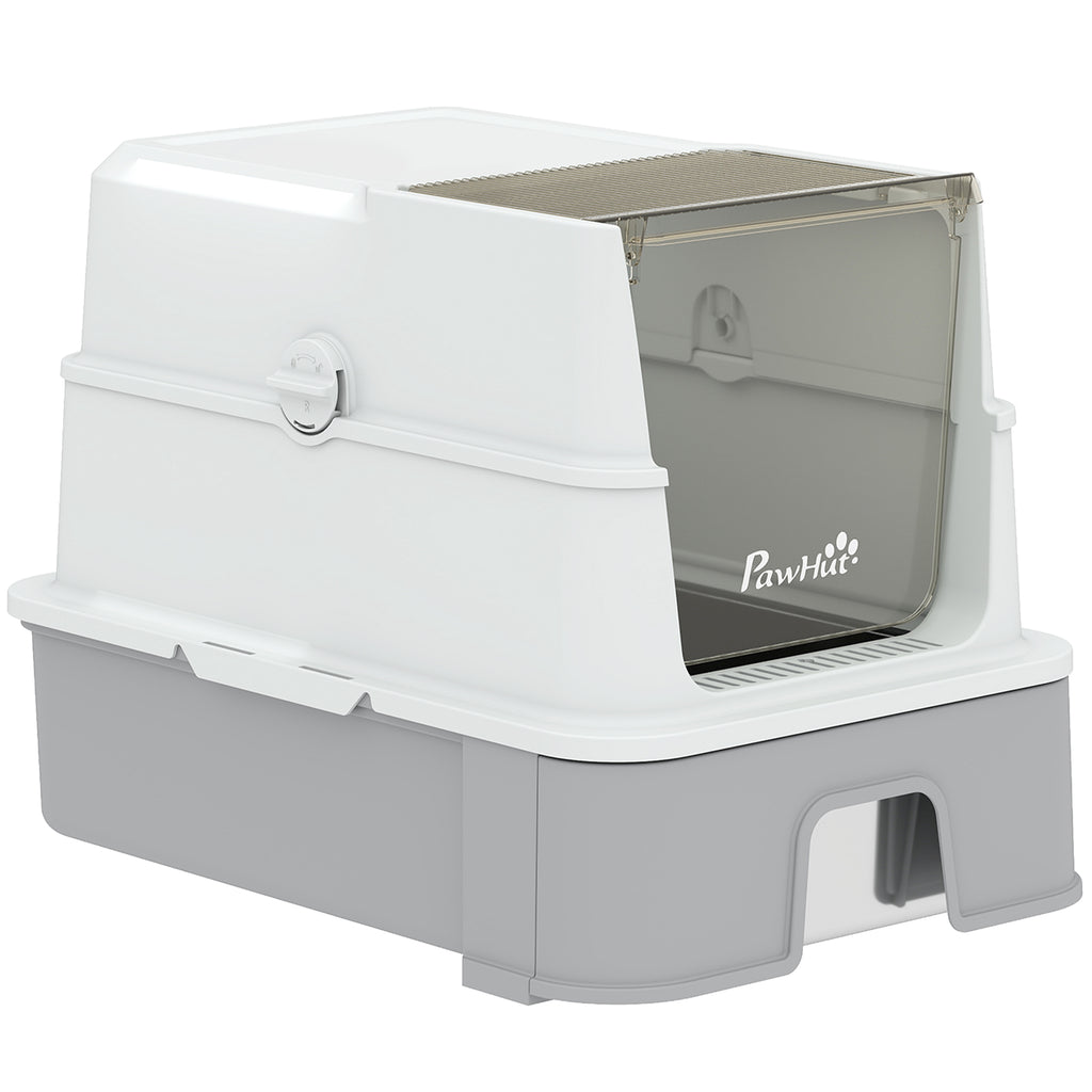 Katzentoilette aus Edelstahl mit Deckel, XL Katzenstreubox mit Schaufel, herausziehbare Wanne, hohe Seiten, leicht zu reinigen, grau