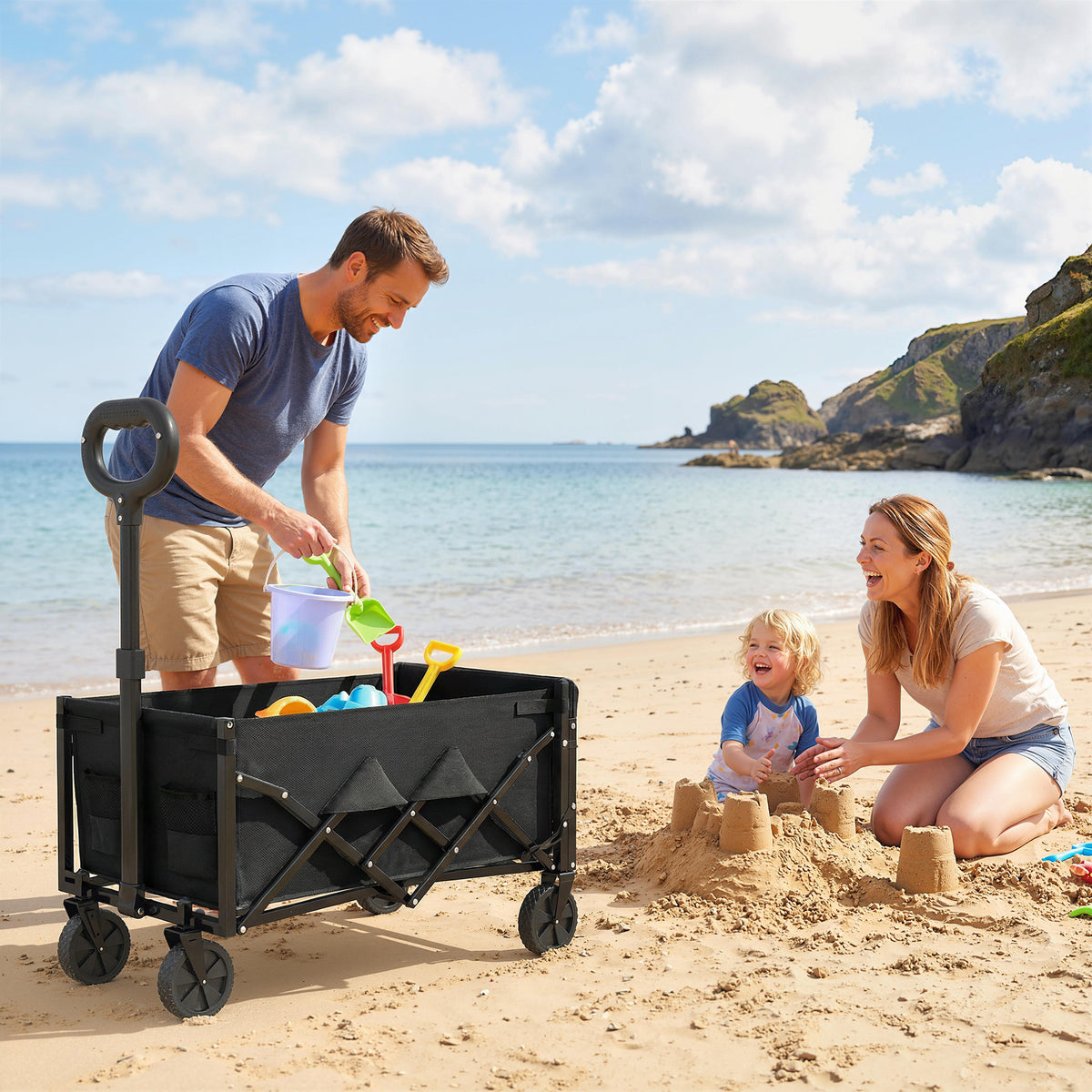 60L Foldable Festival Trolley on Wheels, Collapsible Wagon Cart with Drop-Down Tailgate, Adjustable Handle, Black