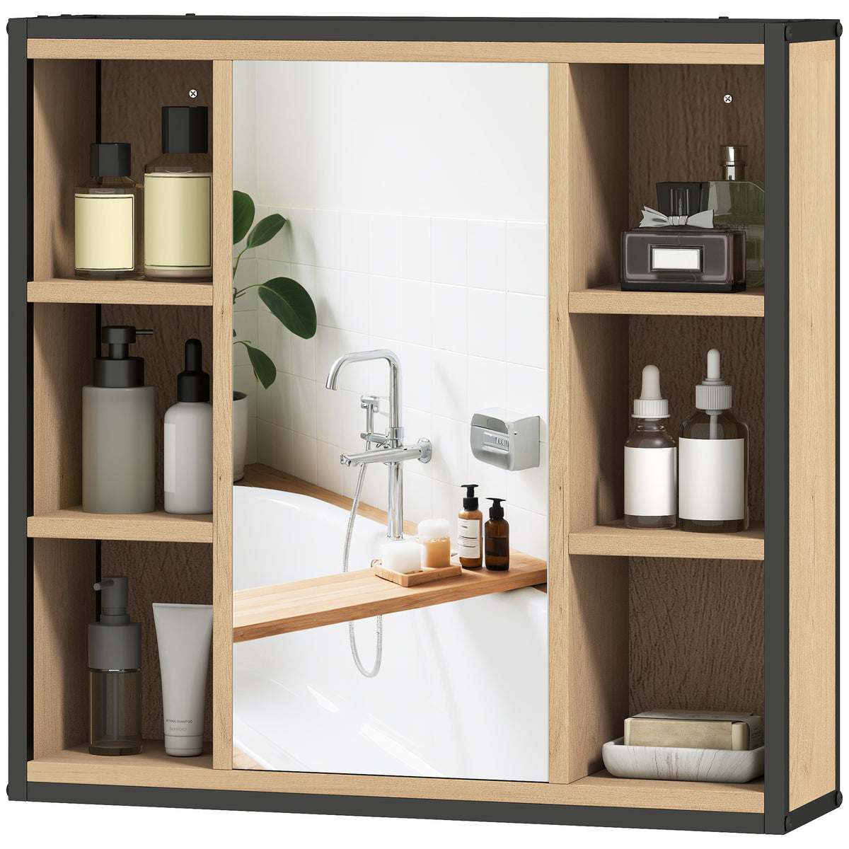 Badezimmer-Spiegelschrank, 6 offene F?cher, 3-stufiges Regal, Wandmontage, Eiche