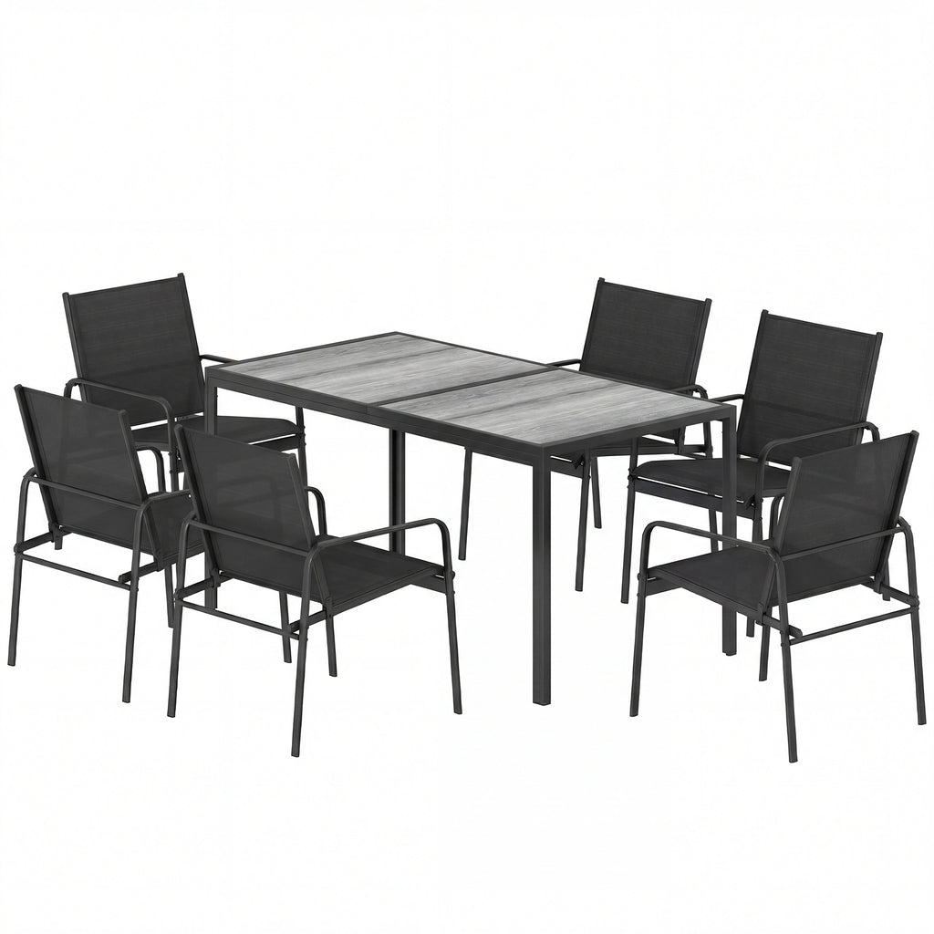 Gartenmöbel Set Sitzgruppe 150 x 80cm Tisch mit 6 Atmungsaktiven Stühlen Holzoptik Stahlrahmen Schwarz