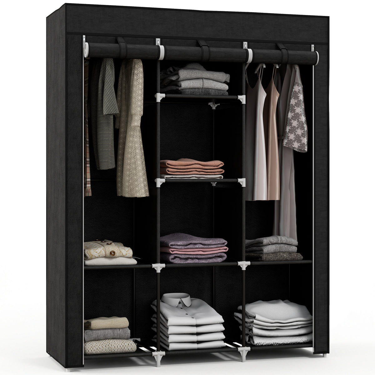 Fabric Wardrobe, with Rails and Shelves - Black