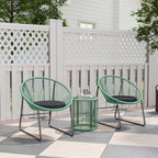 3-teiliges Outdoor-Möbelset, 1 Tisch, 2 Stühle, Glastischplatte, Kunststoff-Rattan um Stahlrahmen, weiche Kissen, Grün