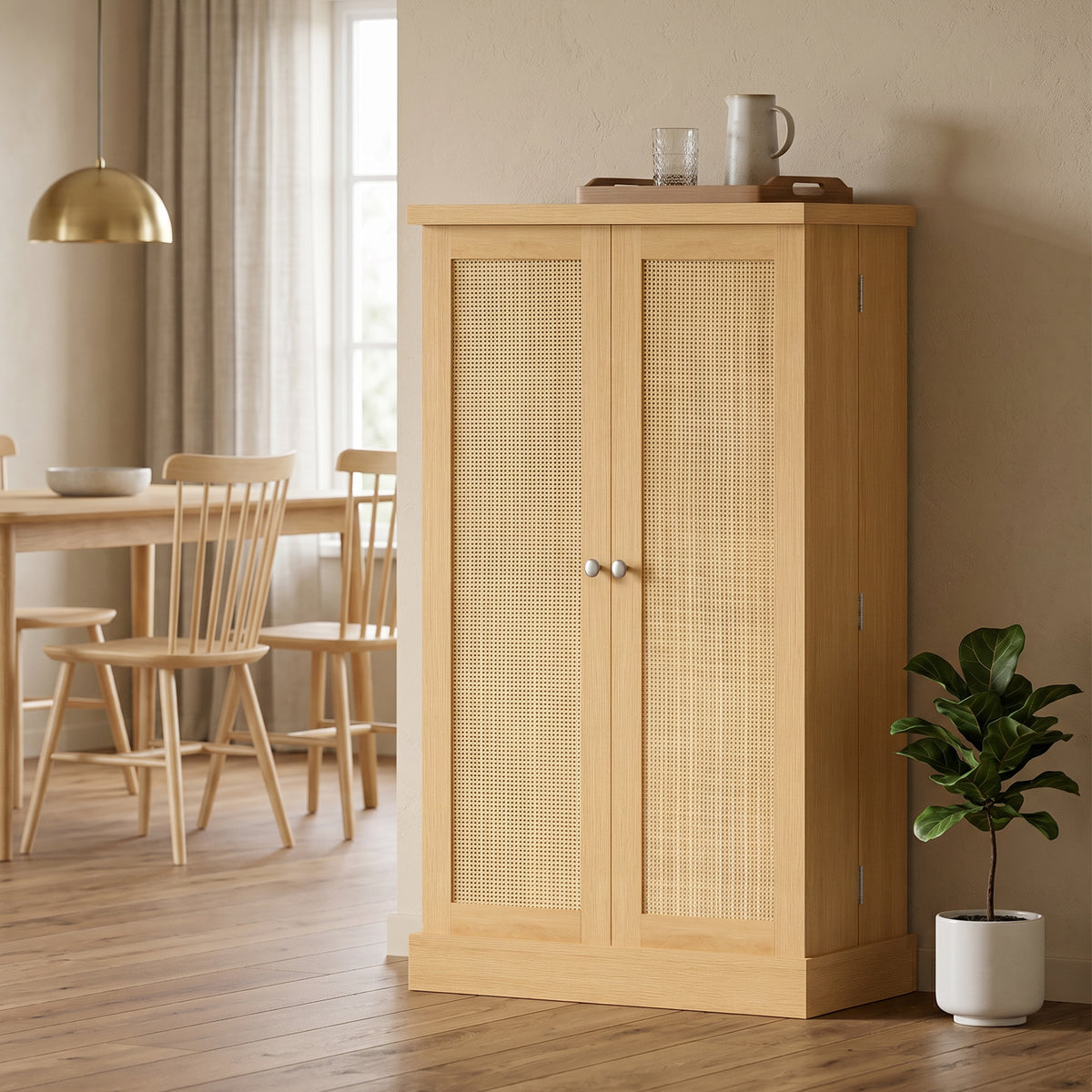 104 cm Rattan-Küchenschrank mit 5-stufigem Regal, 12 Gewürzfächern und verstellbaren Böden, Natur