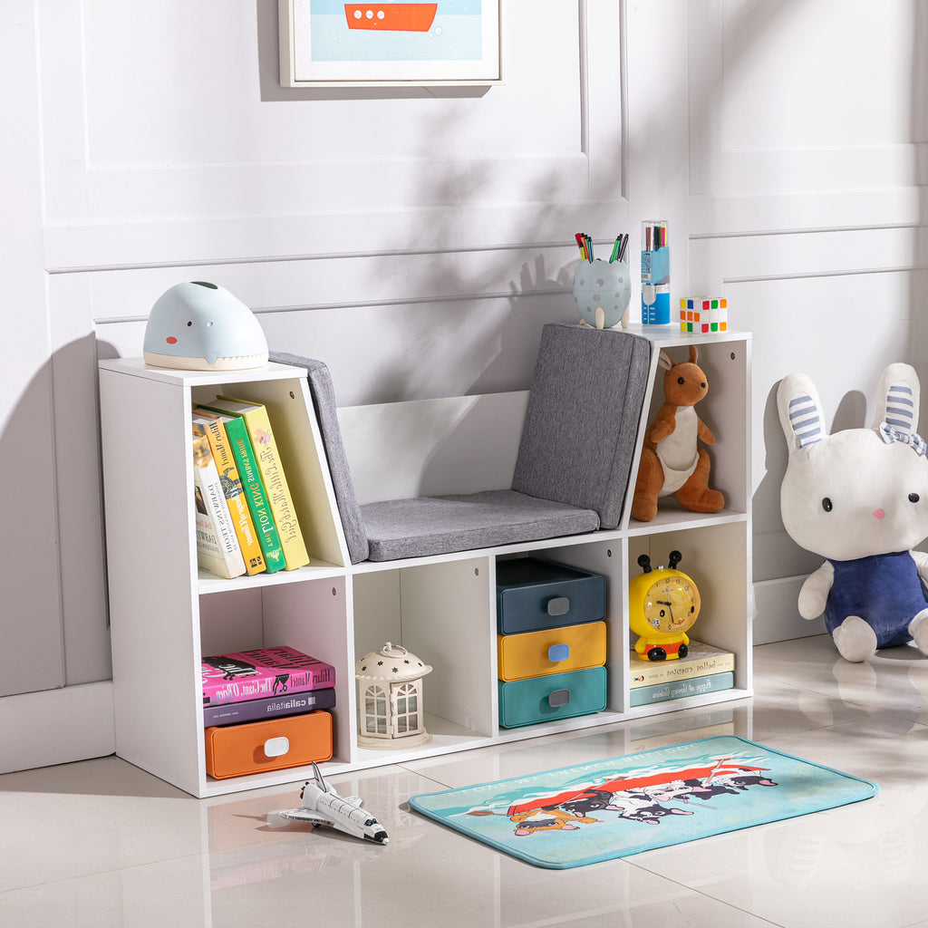 2-in-1 Kinderregal Regal + Sitzbank inkl. Polster 103 cm × 30 cm × 62 cm Weiß + Grau