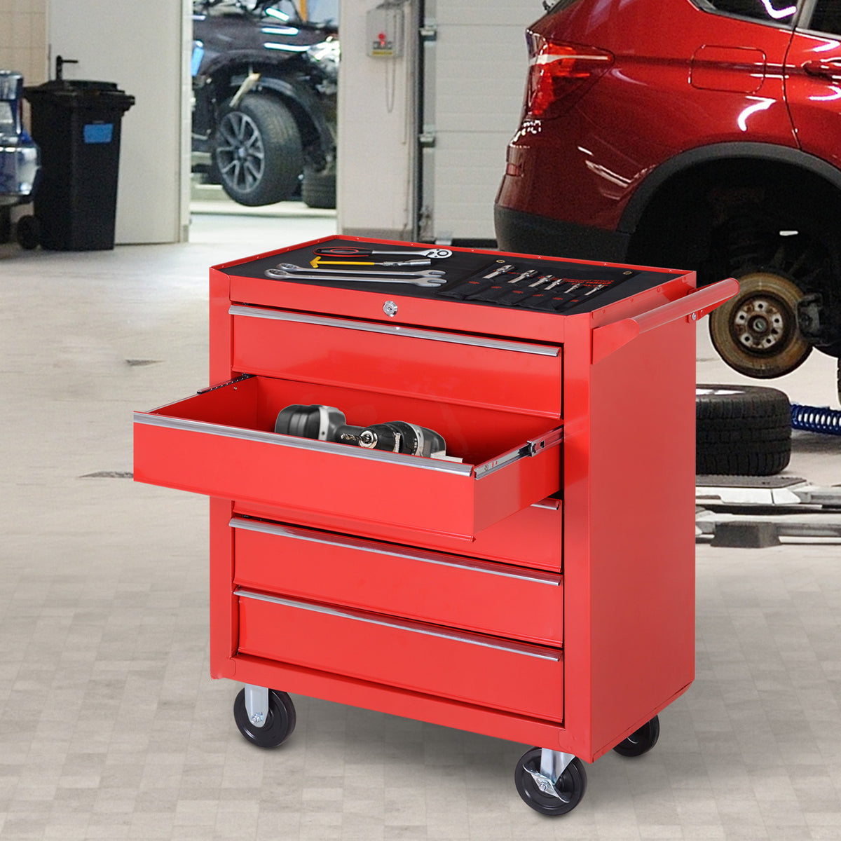 Rollschrank, Werkzeugschrank f¨¹r Garage, Schuppen, Stahl, 69L x 33B x 75H cm, Rot